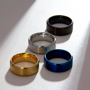 Detailed macro view of 8mm matte brushed stainless steel rings in gold silver blue and black