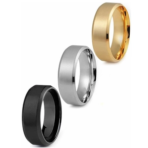 Set of three 8mm matte stainless steel rings in black, silver, and gold with brushed finish
