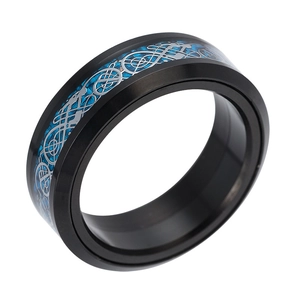 Bague pour homme en acier titane noir avec fibre de carbone bleue et motif de dragon