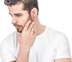 Close-up of minimalist 8mm matte gold stainless steel ring worn on male finger