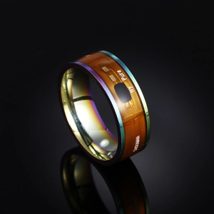Smart NFC ring with iridescent metal finish and visible orange FPC electronic circuitry