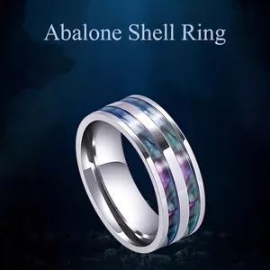 Unisex Titanium Steel Abalone Shell Inlay Ring Trendy Niche Design Polished Silver Color Geometric Jewelry Finger Ring