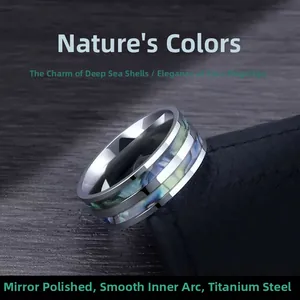 Macro shot of titanium steel ring featuring colorful abalone shell inlay and polished finish