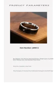 Detailed size specifications for 8mm wide stainless steel men's ring with zircon