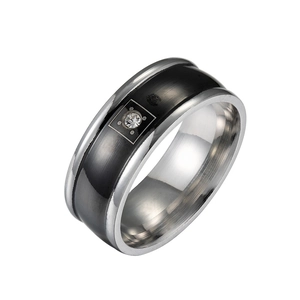Brushed black band stainless steel ring with a center zircon for couples and unisex wear
