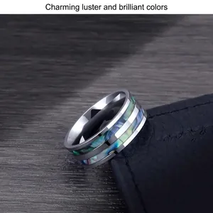Titanium steel ring for men with colorful abalone shell inlay on a black leather background