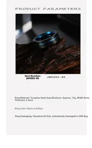 Detailed dimensions of 8mm wide black and blue tungsten steel ring with technical specs