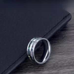 Detail of double-layer titanium steel ring featuring colorful abalone shell inlay on black leather