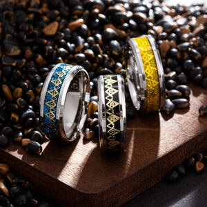 Men's stainless steel Masonic rings with blue black and yellow glitter inlays