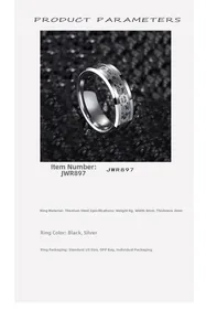 Détails pour bague en acier titane argenté 8mm avec texture mécanique et dimensions