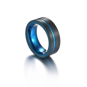 Matte black tungsten carbide ring with blue interior and grooved line detail