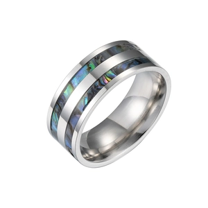 Titanium steel ring for men featuring vibrant iridescent shell inlay on a silver band