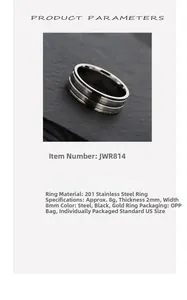 Detailed size parameters of 8mm brushed stainless steel ring with parallel grooves