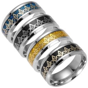 Men's stainless steel Freemason rings set with blue, gold, and black inlay patterns