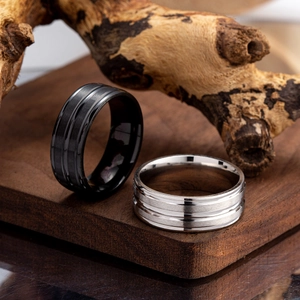 Men's titanium steel matte rings in black and silver with triple parallel grooves and polished edges