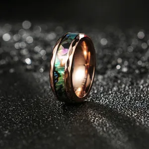 Bague Homme en Acier Titane Incrustation de Coquille d'Abalone Or Rose Martelé Taille Diamant Bijoux Unisexe Cadeau