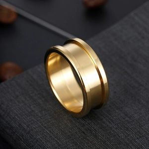 Polished golden stainless steel DIY ring base with groove design for custom jewelry