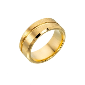 Detail eines Herrenrings aus mattem Gold-Titanstahl mit gebürsteter Oberfläche und Nut