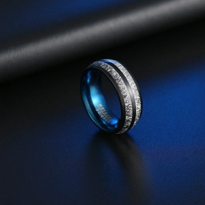 Men's 8mm tungsten carbide ring with black matte finish and blue inner band detailing