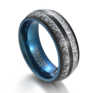 8mm black tungsten ring for men with blue plated inner band and silver meteorite inlay
