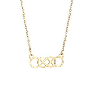Close-up of golden concentric knot pendant necklace with minimalist geometric link chain