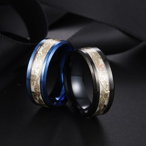 Luminous Chinese dragon rings for men in black and blue stainless steel with gold relief