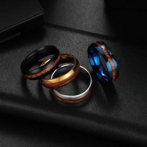 Fashion Titanium Steel Ring With Wood Inlay Band Gold Silver Black Blue Jewelry For Men Women Daily Accessory