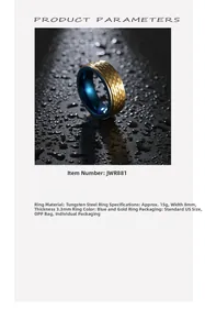Détail d'une bague en tungstène de 8mm avec surface martelée dorée et intérieur plaqué bleu
