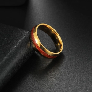 Titanium steel ring with red wood inlay and polished gold beveled edges for men