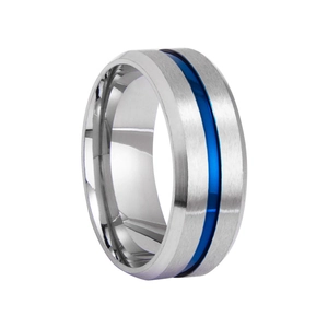 Macro shot of 8mm brushed silver ring with vibrant blue center groove and polished interior
