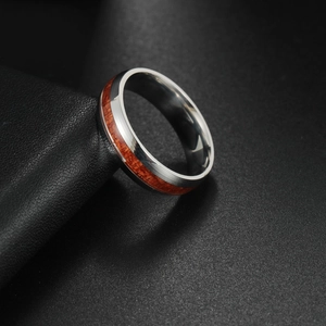 Polished titanium steel men's ring featuring a natural reddish-brown wood inlay strip