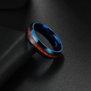 Blue titanium steel ring for men with matte finish and genuine wood inlay on leather surface