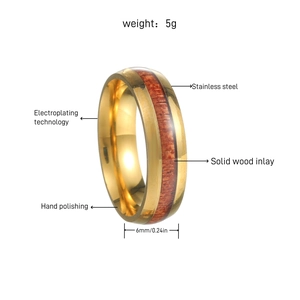Detailed specs of 6mm stainless steel ring with solid wood inlay and gold plating