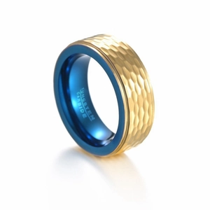 Bague en Carbure de Tungstène Martelée pour Homme Bicolore Bleu Or Anneau Électroplaqué Géométrique Mode Unisexe Bijoux