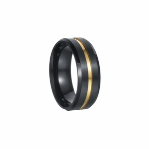 8mm black brushed stainless steel ring with a polished gold center band for men
