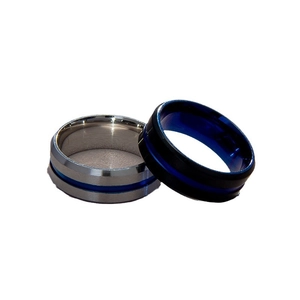Minimalist 8mm men's stainless steel rings in silver and black with blue stripes