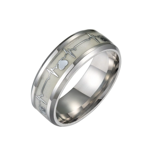 Anello luminoso battito cardiaco ECG in acciaio inox argento con motivo a cuore