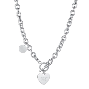 Silver heart pendant necklace with Love you more engraving and toggle clasp closure