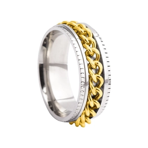 Spinner ring with gold Cuban chain insert on a silver polished stainless steel band