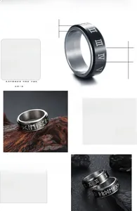 Detail of 8mm wide rotating stainless steel ring with engraved Roman numerals and runes
