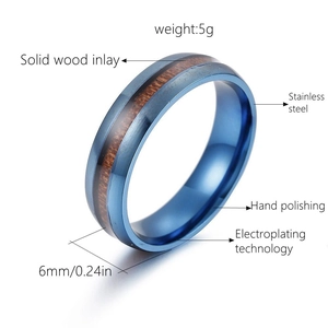 Macro detail of 6mm men's blue stainless steel ring with wood inlay and measurements