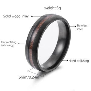 Detail showing 6mm black stainless steel ring with wood inlay and 5g weight specs