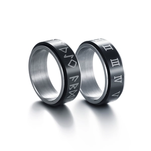 Dual layer rotating stainless steel rings with rune and Roman numeral engravings