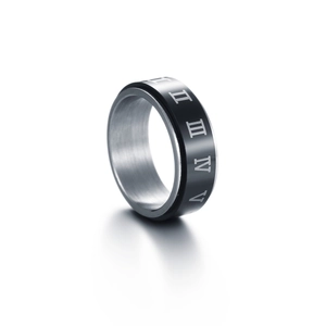 Rotating roman numeral viking ring in black and silver brushed stainless steel for men