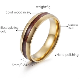 Detailed view of 6mm stainless steel ring with natural wood inlay and gold finish