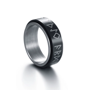 Rotating stainless steel spinner ring featuring Nordic runes and a black finish