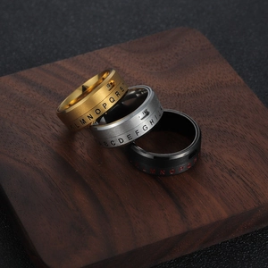 Detail view of rotating titanium steel rings with engraved letters and number window