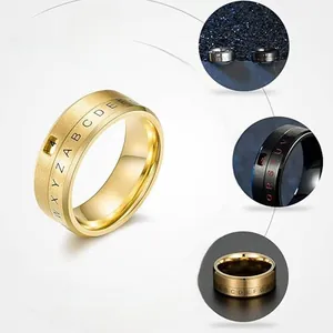 Detailed macro view showing rotatable titanium steel rings in gold, silver, and black finishes