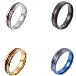 Polished titanium steel rings with walnut wood inlay in silver, gold, black, and blue