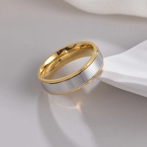 6mm two-tone titanium steel ring with silver textured center and gold mirror finish edges